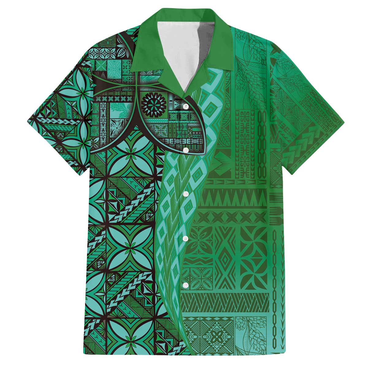 Samoan Pacific Tribal Flower Geometric Art Tattoos Family Matching Off The Shoulder Long Sleeve Dress and Hawaiian Shirt Siapo Pattern Emerald Glow - Polynesian Pride