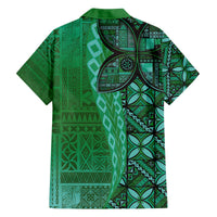 Samoan Pacific Tribal Flower Geometric Art Tattoos Family Matching Off The Shoulder Long Sleeve Dress and Hawaiian Shirt Siapo Pattern Emerald Glow - Polynesian Pride