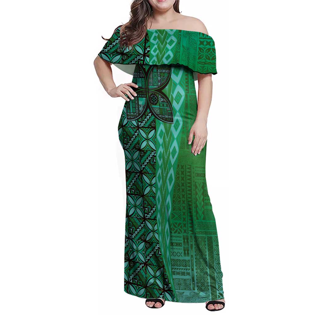 Samoan Pacific Tribal Flower Geometric Art Tattoos Family Matching Off Shoulder Maxi Dress and Hawaiian Shirt Siapo Pattern Emerald Glow - Polynesian Pride
