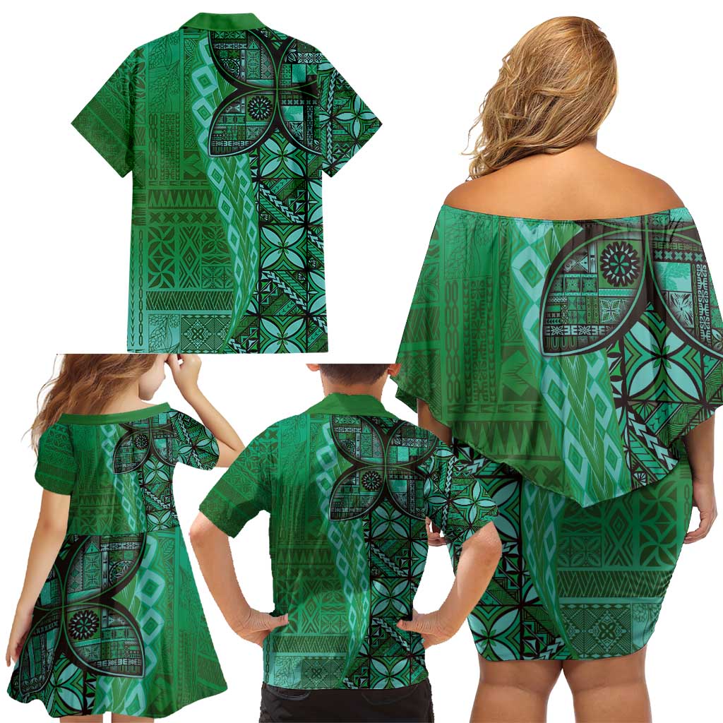 Samoan Pacific Tribal Flower Geometric Art Tattoos Family Matching Off Shoulder Short Dress and Hawaiian Shirt Siapo Pattern Emerald Glow - Polynesian Pride