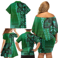 Samoan Pacific Tribal Flower Geometric Art Tattoos Family Matching Off Shoulder Short Dress and Hawaiian Shirt Siapo Pattern Emerald Glow - Polynesian Pride