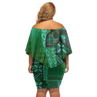 Samoan Pacific Tribal Flower Geometric Art Tattoos Family Matching Off Shoulder Short Dress and Hawaiian Shirt Siapo Pattern Emerald Glow - Polynesian Pride