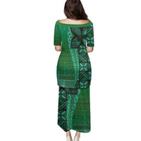 Samoan Pacific Tribal Flower Geometric Art Tattoos Family Matching Puletasi and Hawaiian Shirt Siapo Pattern Emerald Glow - Polynesian Pride