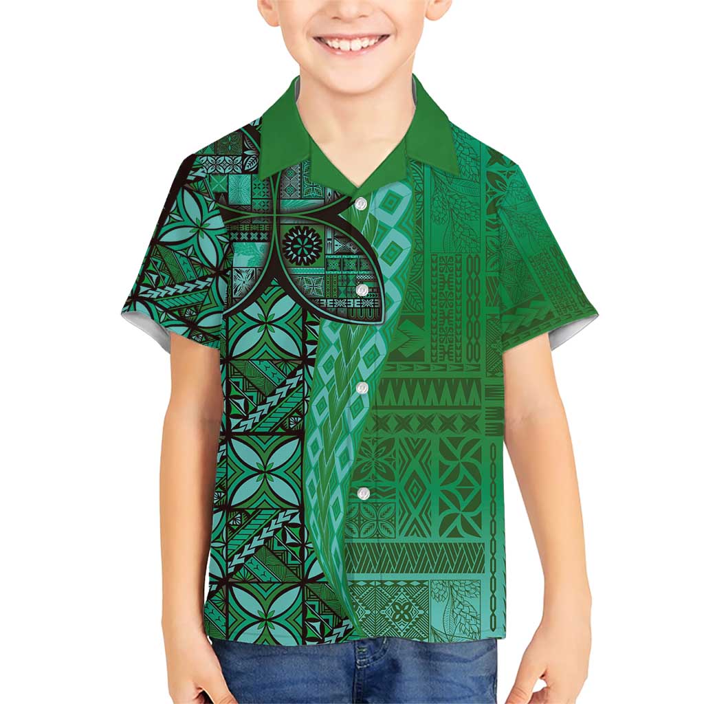 Samoan Pacific Tribal Flower Geometric Art Tattoos Family Matching Short Sleeve Bodycon Dress and Hawaiian Shirt Siapo Pattern Emerald Glow - Polynesian Pride