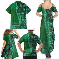 Samoan Pacific Tribal Flower Geometric Art Tattoos Family Matching Summer Maxi Dress and Hawaiian Shirt Siapo Pattern Emerald Glow - Polynesian Pride