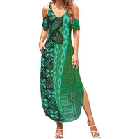 Samoan Pacific Tribal Flower Geometric Art Tattoos Family Matching Summer Maxi Dress and Hawaiian Shirt Siapo Pattern Emerald Glow - Polynesian Pride