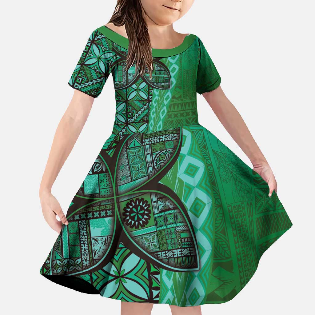 Samoan Pacific Tribal Flower Geometric Art Tattoos Family Matching Tank Maxi Dress and Hawaiian Shirt Siapo Pattern Emerald Glow - Polynesian Pride