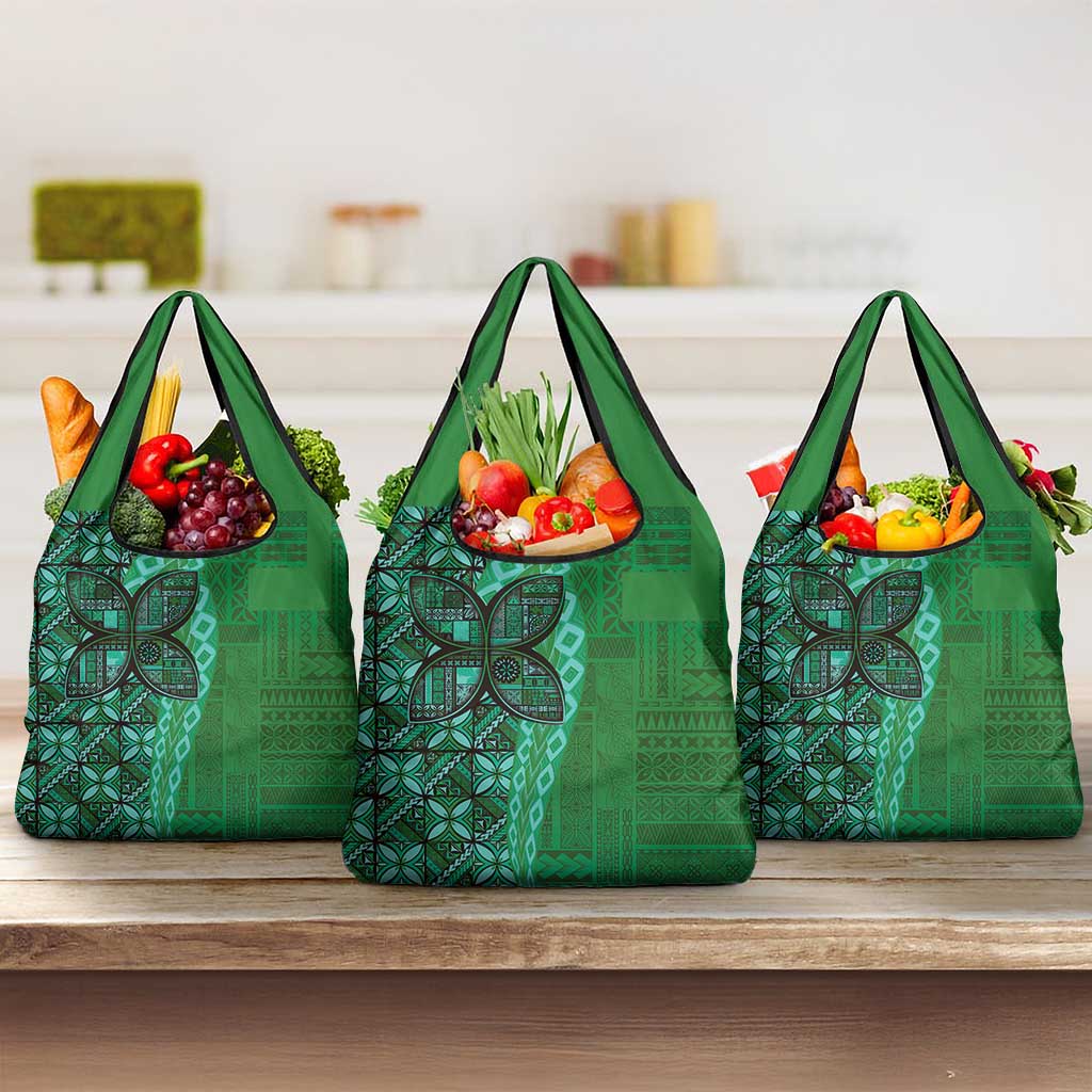 Samoan Pacific Tribal Flower Geometric Art Tattoos Grocery Bag Siapo Pattern Emerald Glow LT03 3-pack One Size Green - Polynesian Pride