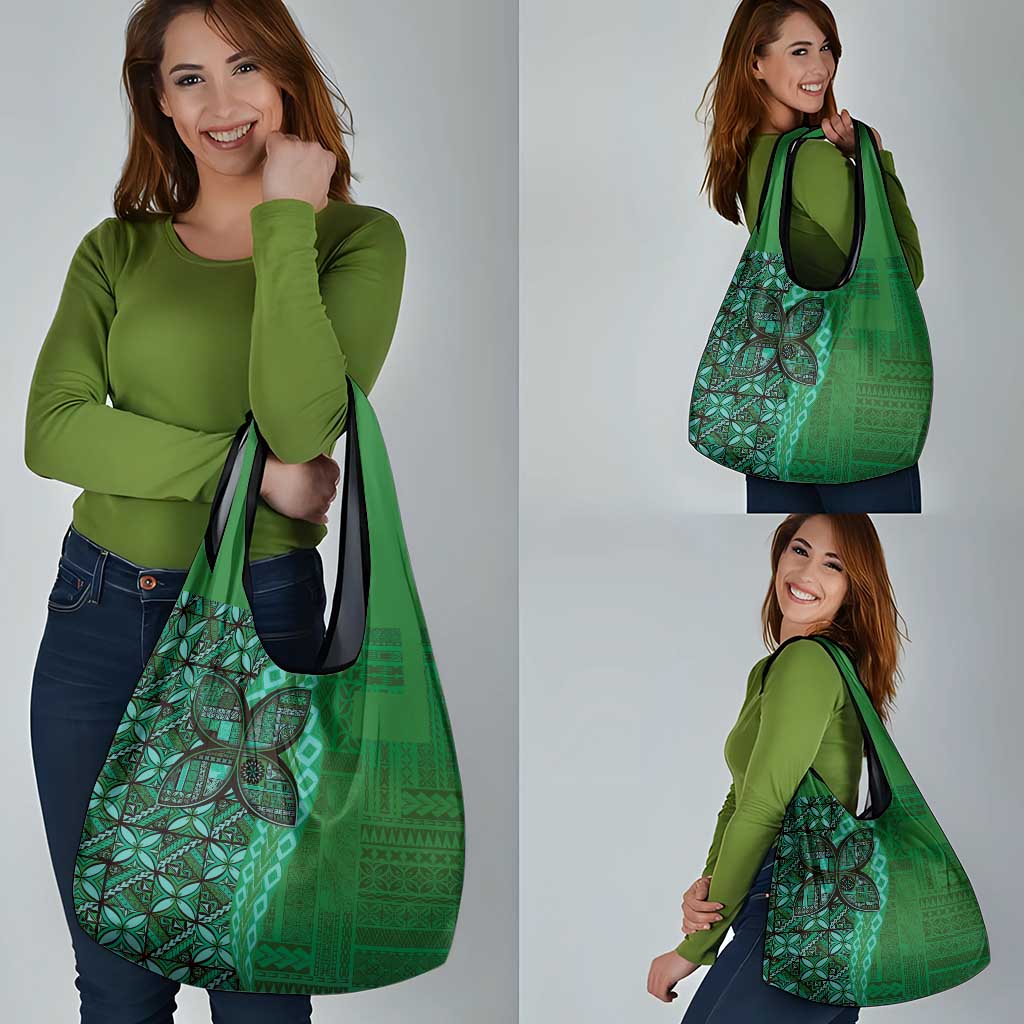 Samoan Pacific Tribal Flower Geometric Art Tattoos Grocery Bag Siapo Pattern Emerald Glow LT03 - Polynesian Pride