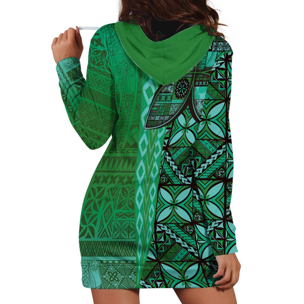 Samoan Pacific Tribal Flower Geometric Art Tattoos Hoodie Dress Siapo Pattern Emerald Glow - Polynesian Pride