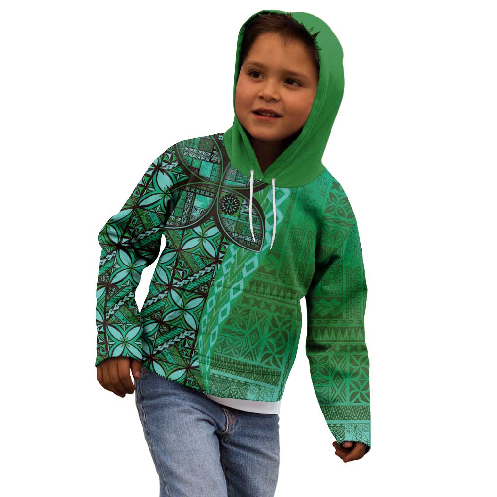 Samoan Pacific Tribal Flower Geometric Art Tattoos Kid Hoodie Siapo Pattern Emerald Glow - Polynesian Pride