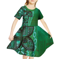 Samoan Pacific Tribal Flower Geometric Art Tattoos Kid Short Sleeve Dress Siapo Pattern Emerald Glow - Polynesian Pride