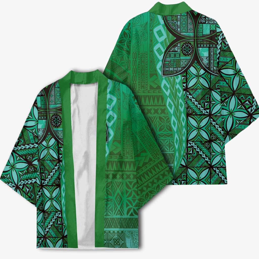 Samoan Pacific Tribal Flower Geometric Art Tattoos Kimono Siapo Pattern Emerald Glow - Polynesian Pride