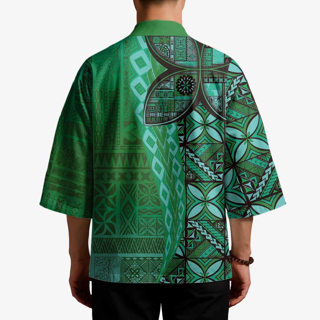 Samoan Pacific Tribal Flower Geometric Art Tattoos Kimono Siapo Pattern Emerald Glow - Polynesian Pride