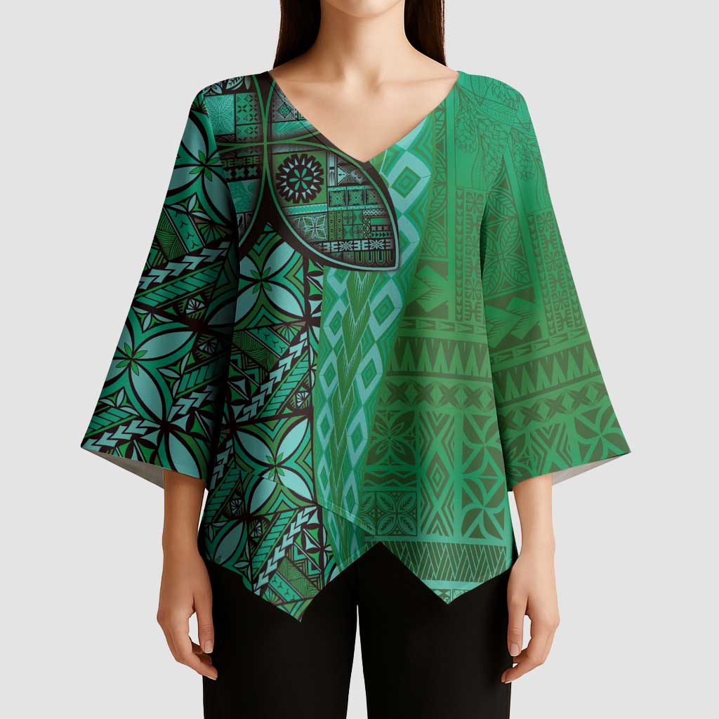 Samoan Pacific Tribal Flower Geometric Art Tattoos Kimono Sleeve Blouse Siapo Pattern Emerald Glow - Polynesian Pride