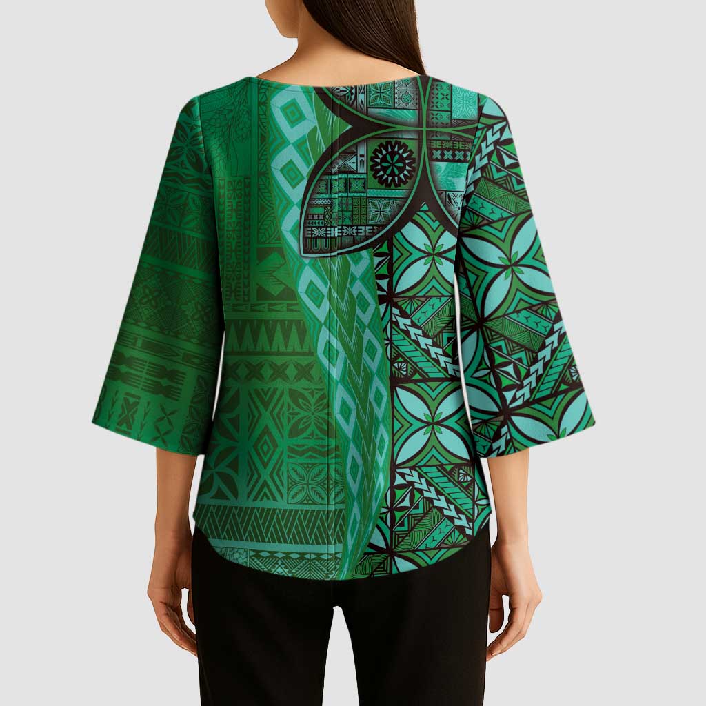 Samoan Pacific Tribal Flower Geometric Art Tattoos Kimono Sleeve Blouse Siapo Pattern Emerald Glow - Polynesian Pride