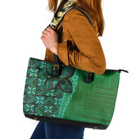 Samoan Pacific Tribal Flower Geometric Art Tattoos Leather Tote Bag Siapo Pattern Emerald Glow - Polynesian Pride