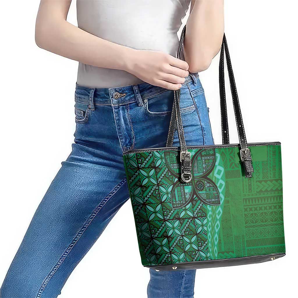 Samoan Pacific Tribal Flower Geometric Art Tattoos Leather Tote Bag Siapo Pattern Emerald Glow - Polynesian Pride