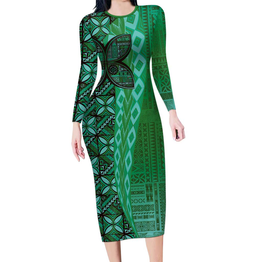 Samoan Pacific Tribal Flower Geometric Art Tattoos Long Sleeve Bodycon Dress Siapo Pattern Emerald Glow - Polynesian Pride