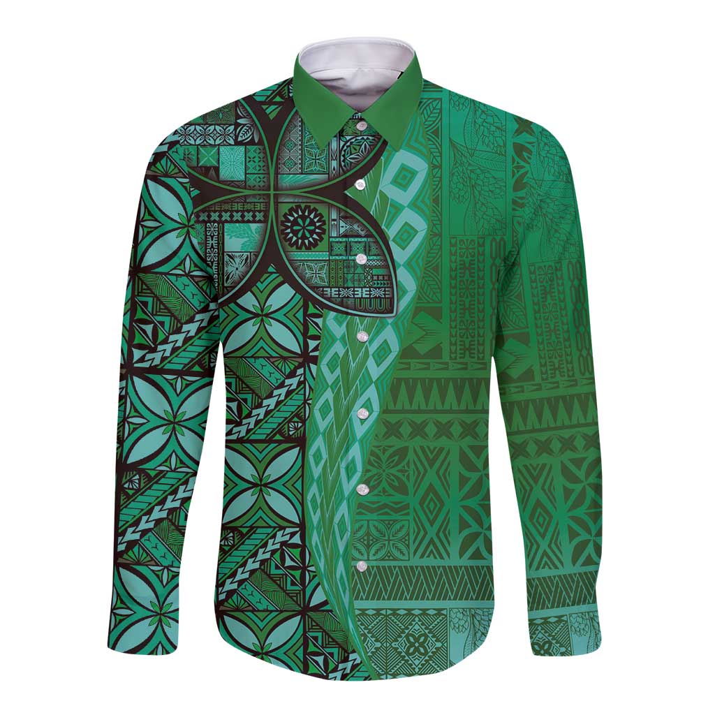 Samoan Pacific Tribal Flower Geometric Art Tattoos Long Sleeve Button Shirt Siapo Pattern Emerald Glow LT03 Unisex Green - Polynesian Pride