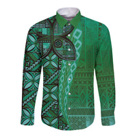 Samoan Pacific Tribal Flower Geometric Art Tattoos Long Sleeve Button Shirt Siapo Pattern Emerald Glow LT03 Unisex Green - Polynesian Pride