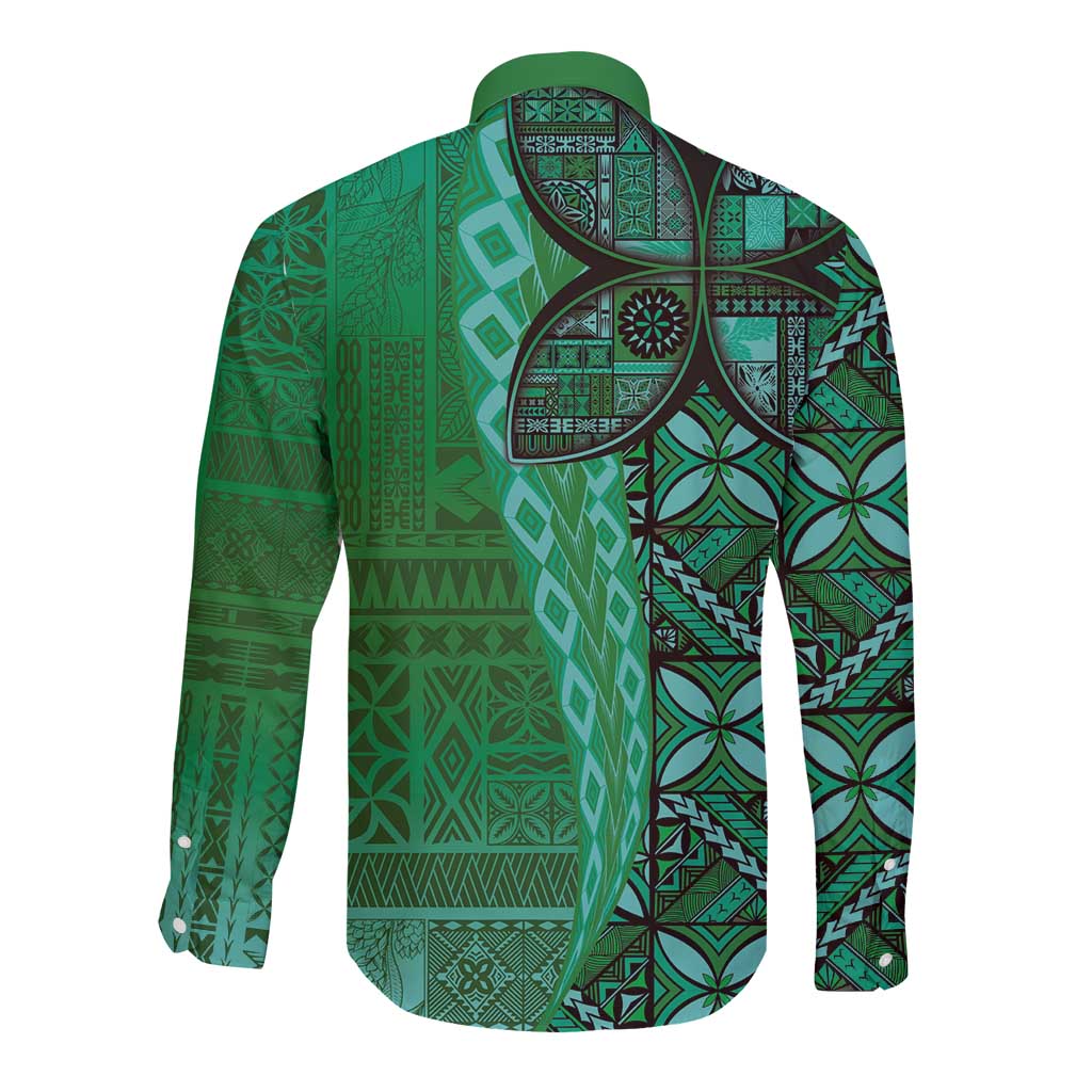 Samoan Pacific Tribal Flower Geometric Art Tattoos Long Sleeve Button Shirt Siapo Pattern Emerald Glow LT03 - Polynesian Pride