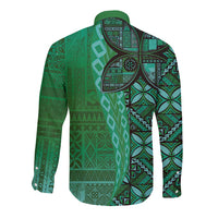Samoan Pacific Tribal Flower Geometric Art Tattoos Long Sleeve Button Shirt Siapo Pattern Emerald Glow LT03 - Polynesian Pride