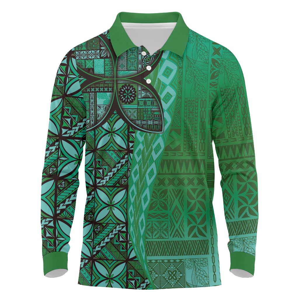 Samoan Pacific Tribal Flower Geometric Art Tattoos Long Sleeve Polo Shirt Siapo Pattern Emerald Glow LT03 Green - Polynesian Pride