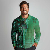 Samoan Pacific Tribal Flower Geometric Art Tattoos Long Sleeve Polo Shirt Siapo Pattern Emerald Glow LT03 - Polynesian Pride
