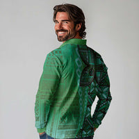 Samoan Pacific Tribal Flower Geometric Art Tattoos Long Sleeve Polo Shirt Siapo Pattern Emerald Glow LT03 - Polynesian Pride