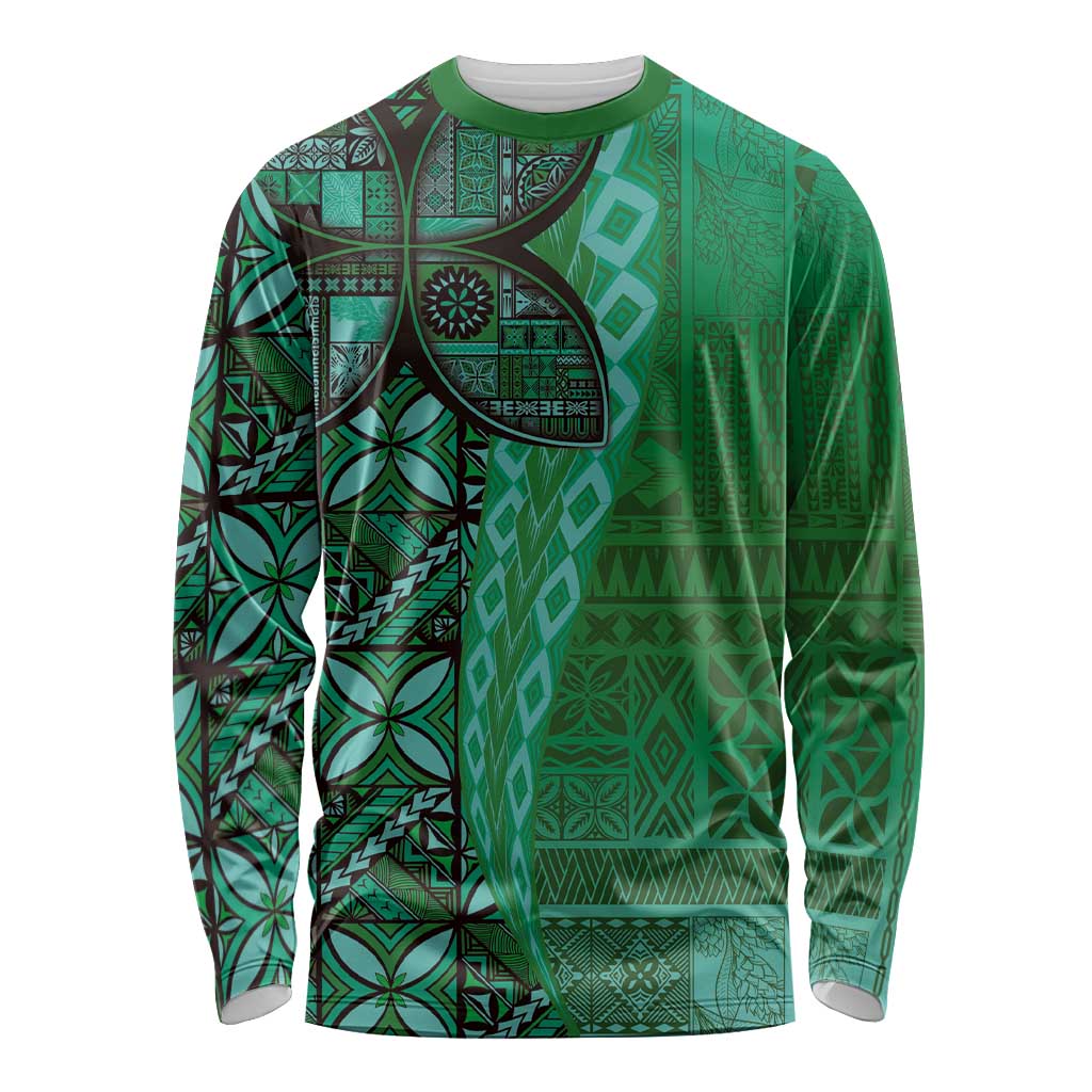 Samoan Pacific Tribal Flower Geometric Art Tattoos Long Sleeve Shirt Siapo Pattern Emerald Glow LT03 Unisex Green - Polynesian Pride