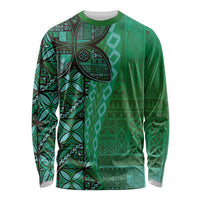 Samoan Pacific Tribal Flower Geometric Art Tattoos Long Sleeve Shirt Siapo Pattern Emerald Glow LT03 Unisex Green - Polynesian Pride