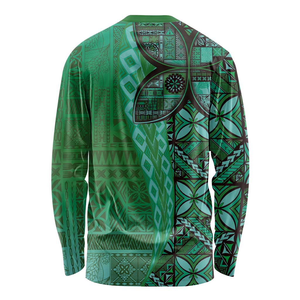 Samoan Pacific Tribal Flower Geometric Art Tattoos Long Sleeve Shirt Siapo Pattern Emerald Glow LT03 - Polynesian Pride