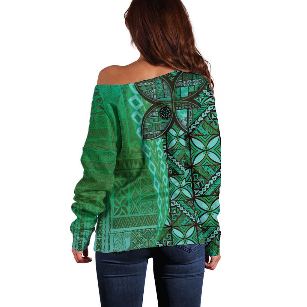 Samoan Pacific Tribal Flower Geometric Art Tattoos Off Shoulder Sweater Siapo Pattern Emerald Glow - Polynesian Pride