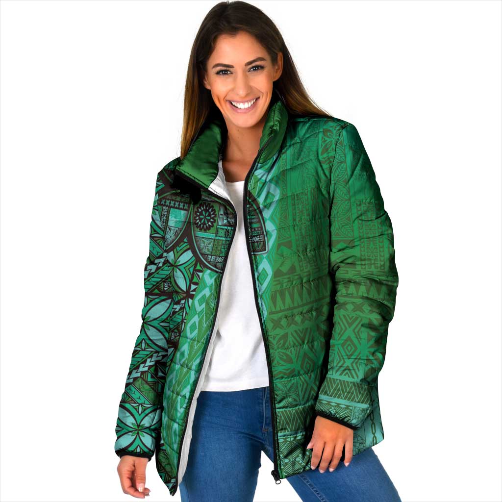 Samoan Pacific Tribal Flower Geometric Art Tattoos Padded Jacket Siapo Pattern Emerald Glow LT03 - Polynesian Pride