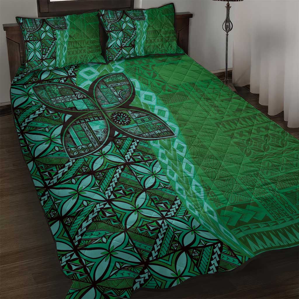 Samoan Pacific Tribal Flower Geometric Art Tattoos Quilt Bed Set Siapo Pattern Emerald Glow - Polynesian Pride