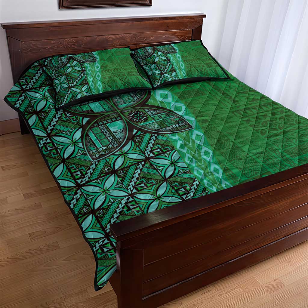 Samoan Pacific Tribal Flower Geometric Art Tattoos Quilt Bed Set Siapo Pattern Emerald Glow - Polynesian Pride