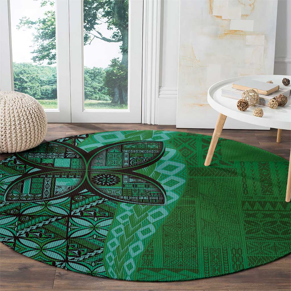 Samoan Pacific Tribal Flower Geometric Art Tattoos Round Carpet Siapo Pattern Emerald Glow - Polynesian Pride