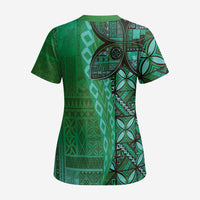 Samoan Pacific Tribal Flower Geometric Art Tattoos Scrub Top Siapo Pattern Emerald Glow LT03 - Polynesian Pride