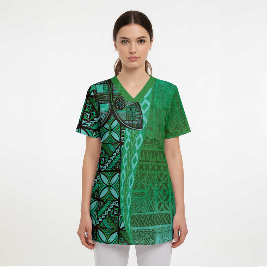 Samoan Pacific Tribal Flower Geometric Art Tattoos Scrub Top Siapo Pattern Emerald Glow LT03 - Polynesian Pride