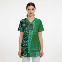 Samoan Pacific Tribal Flower Geometric Art Tattoos Scrub Top Siapo Pattern Emerald Glow LT03 - Polynesian Pride