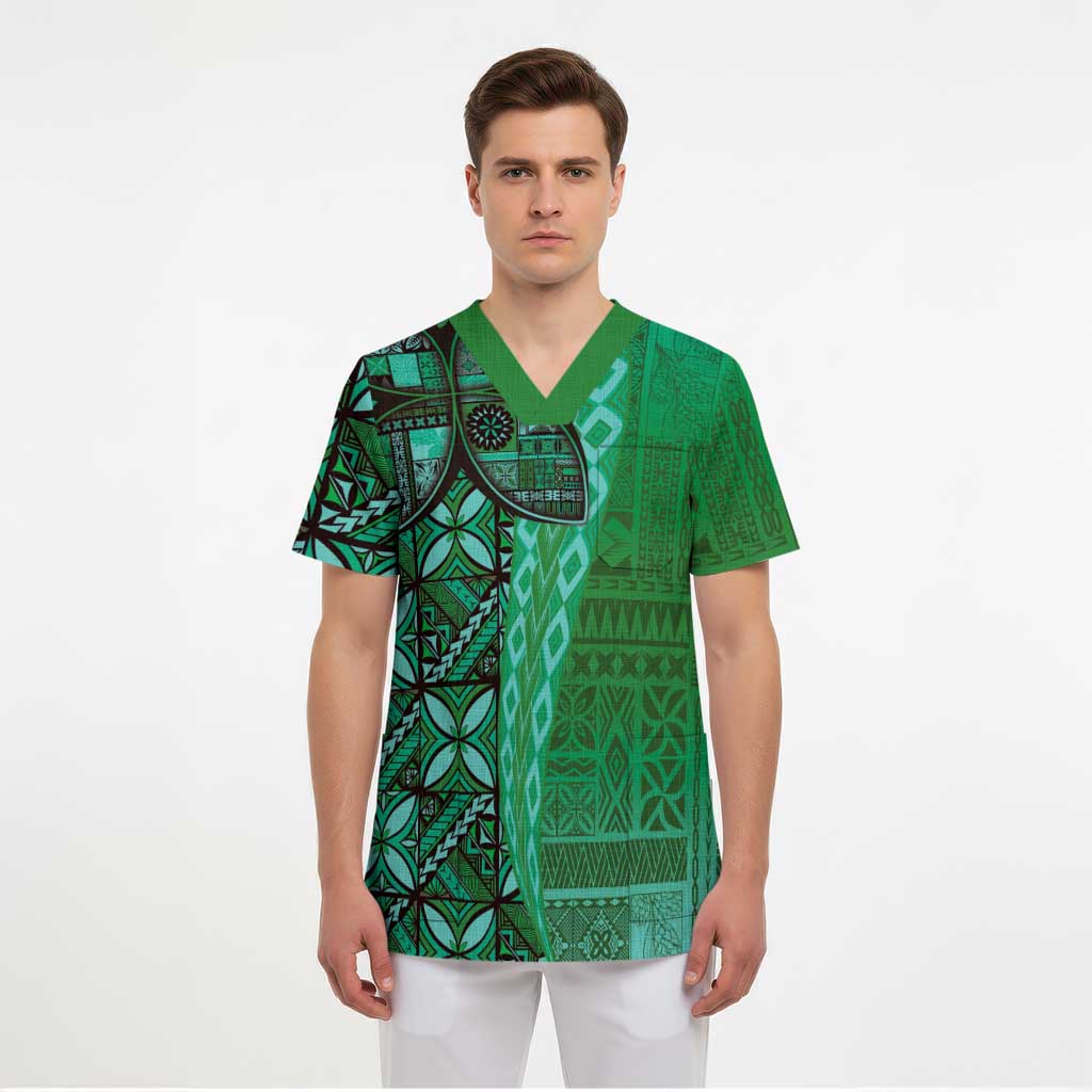 Samoan Pacific Tribal Flower Geometric Art Tattoos Scrub Top Siapo Pattern Emerald Glow LT03 - Polynesian Pride