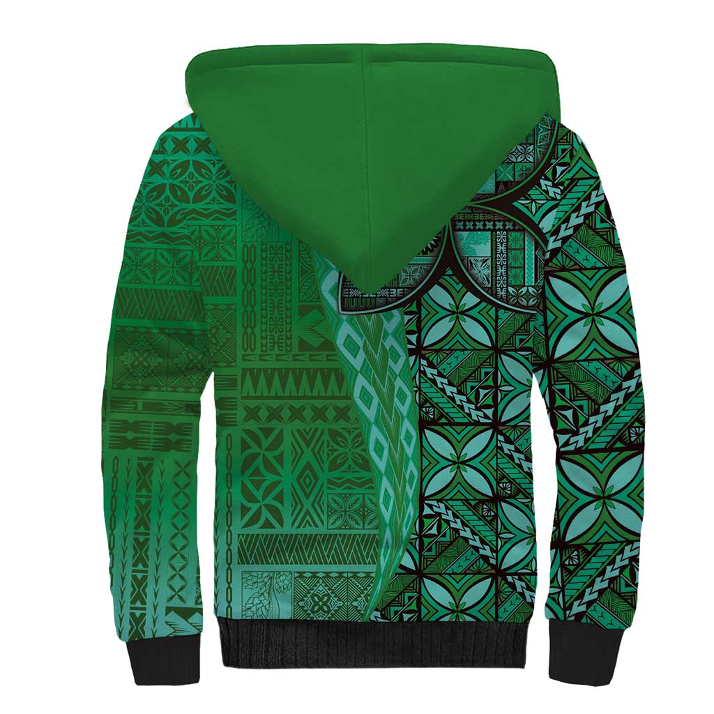 Samoan Pacific Tribal Flower Geometric Art Tattoos Sherpa Hoodie Siapo Pattern Emerald Glow LT03 - Polynesian Pride