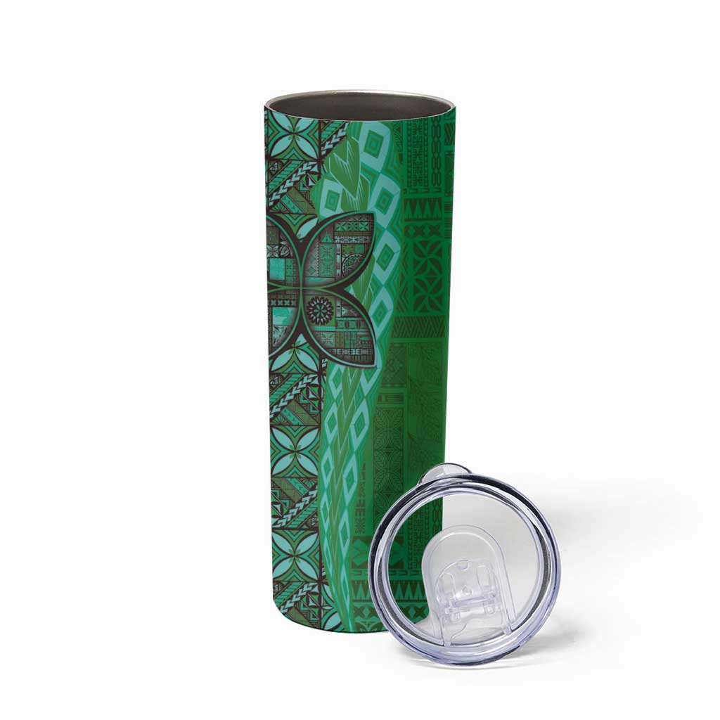 Samoan Pacific Tribal Flower Geometric Art Tattoos Skinny Tumbler Siapo Pattern Emerald Glow - Polynesian Pride
