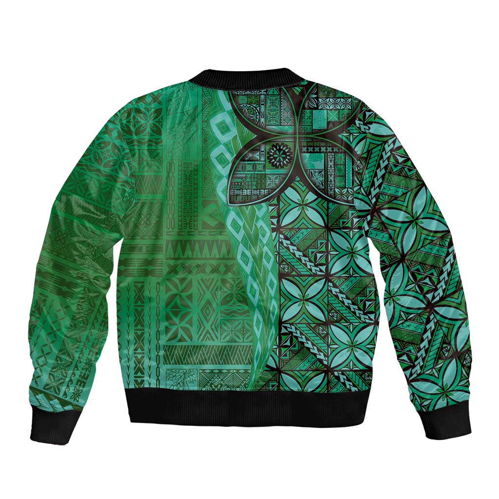 Samoan Pacific Tribal Flower Geometric Art Tattoos Sleeve Zip Bomber Jacket Siapo Pattern Emerald Glow - Polynesian Pride