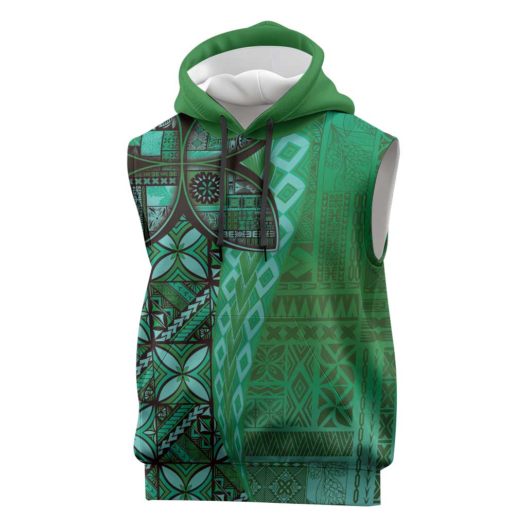 Samoan Pacific Tribal Flower Geometric Art Tattoos Sleeveless Hoodie Siapo Pattern Emerald Glow LT03 Green - Polynesian Pride