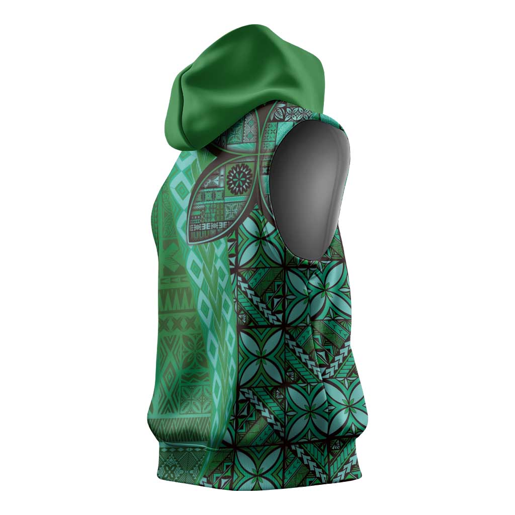 Samoan Pacific Tribal Flower Geometric Art Tattoos Sleeveless Hoodie Siapo Pattern Emerald Glow LT03 - Polynesian Pride