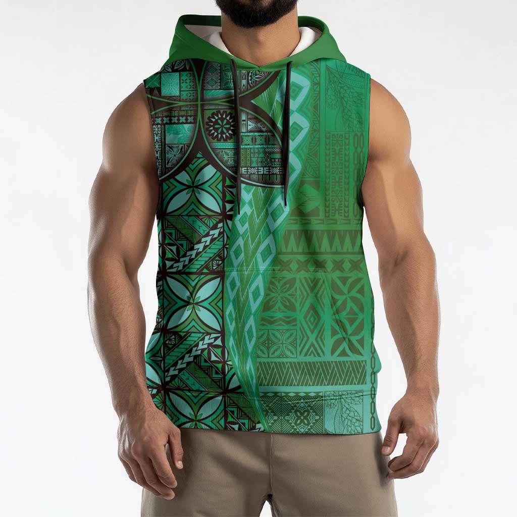 Samoan Pacific Tribal Flower Geometric Art Tattoos Sleeveless Hoodie Siapo Pattern Emerald Glow LT03 - Polynesian Pride