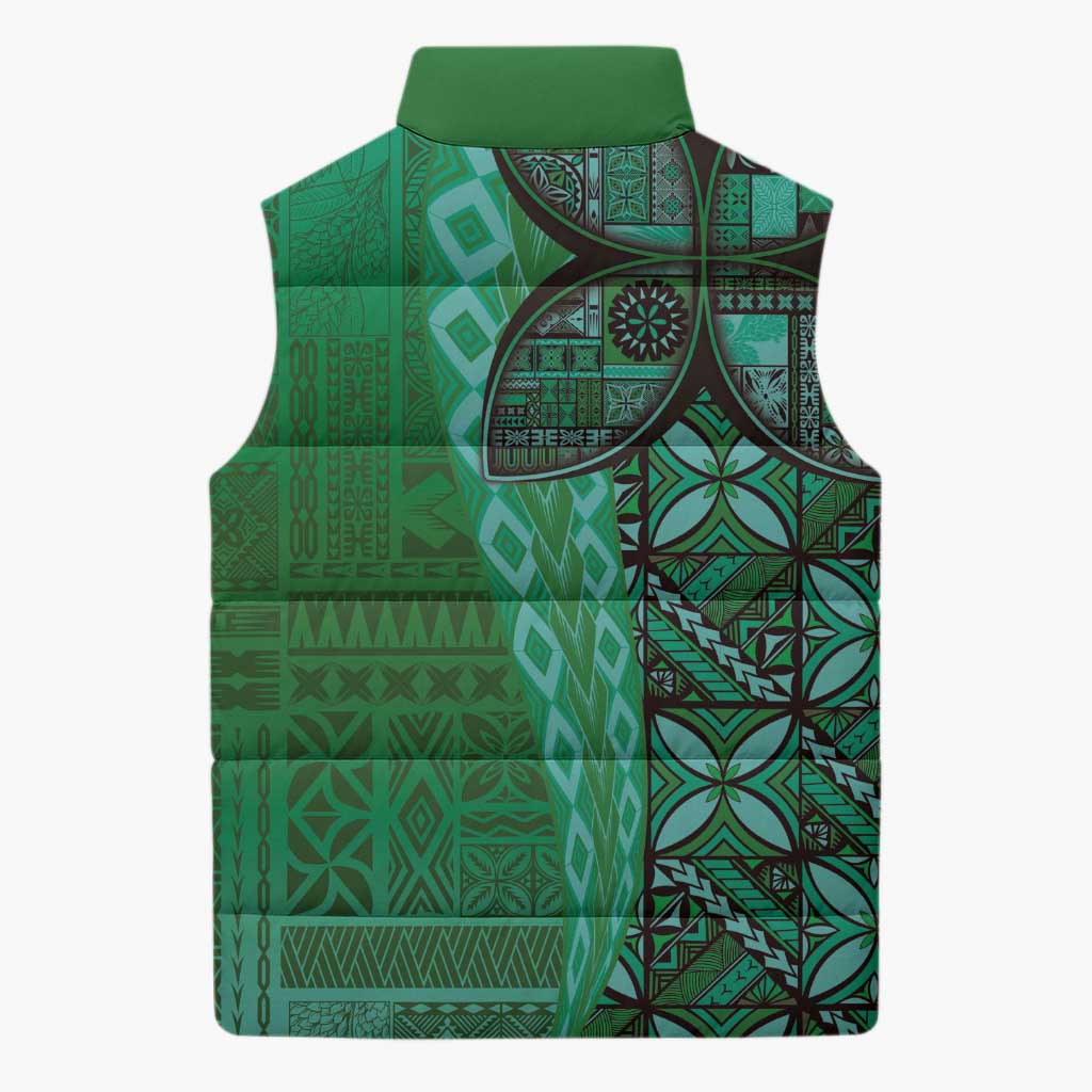 Samoan Pacific Tribal Flower Geometric Art Tattoos Sleeveless Puffer Jacket Siapo Pattern Emerald Glow LT03 - Polynesian Pride