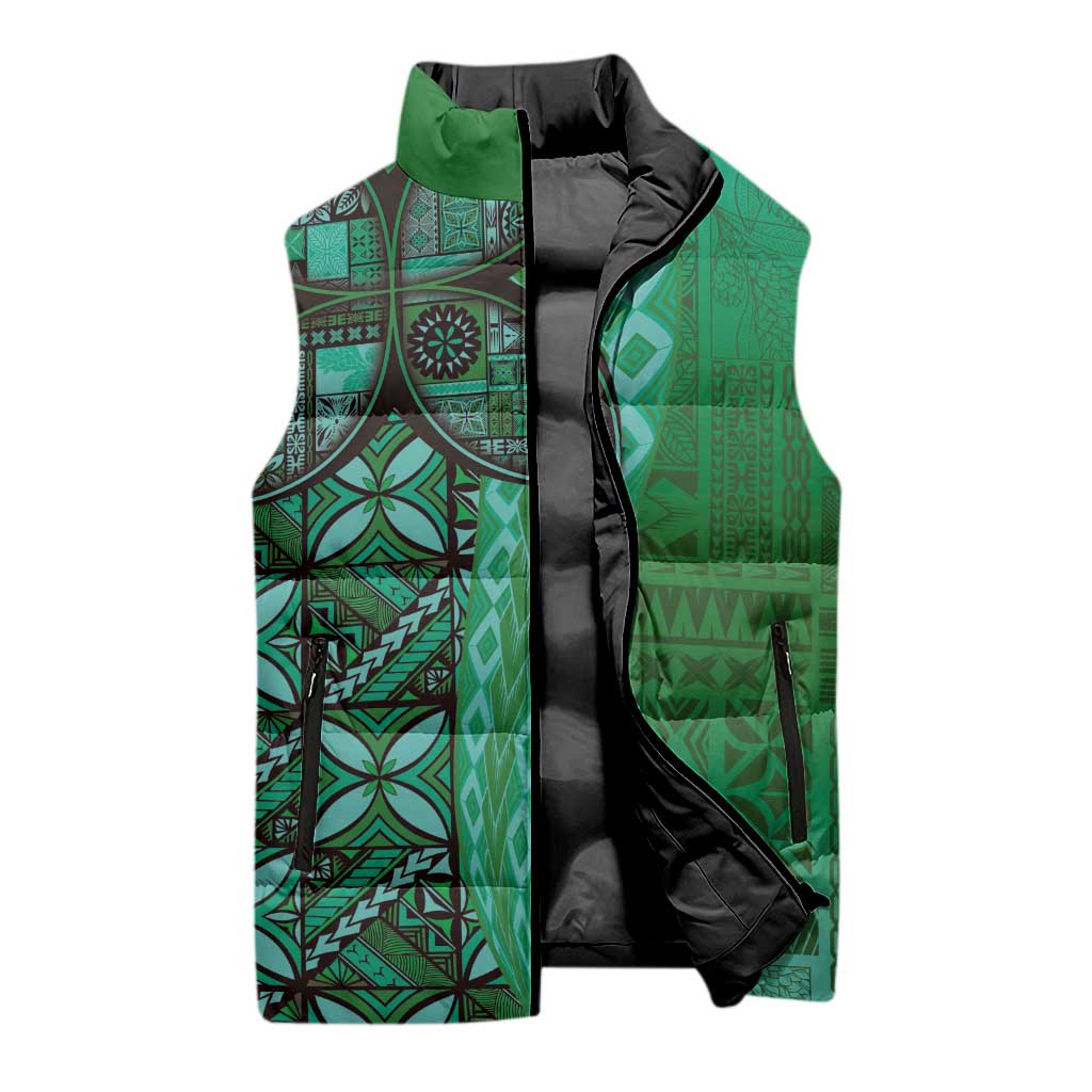 Samoan Pacific Tribal Flower Geometric Art Tattoos Sleeveless Puffer Jacket Siapo Pattern Emerald Glow LT03 - Polynesian Pride